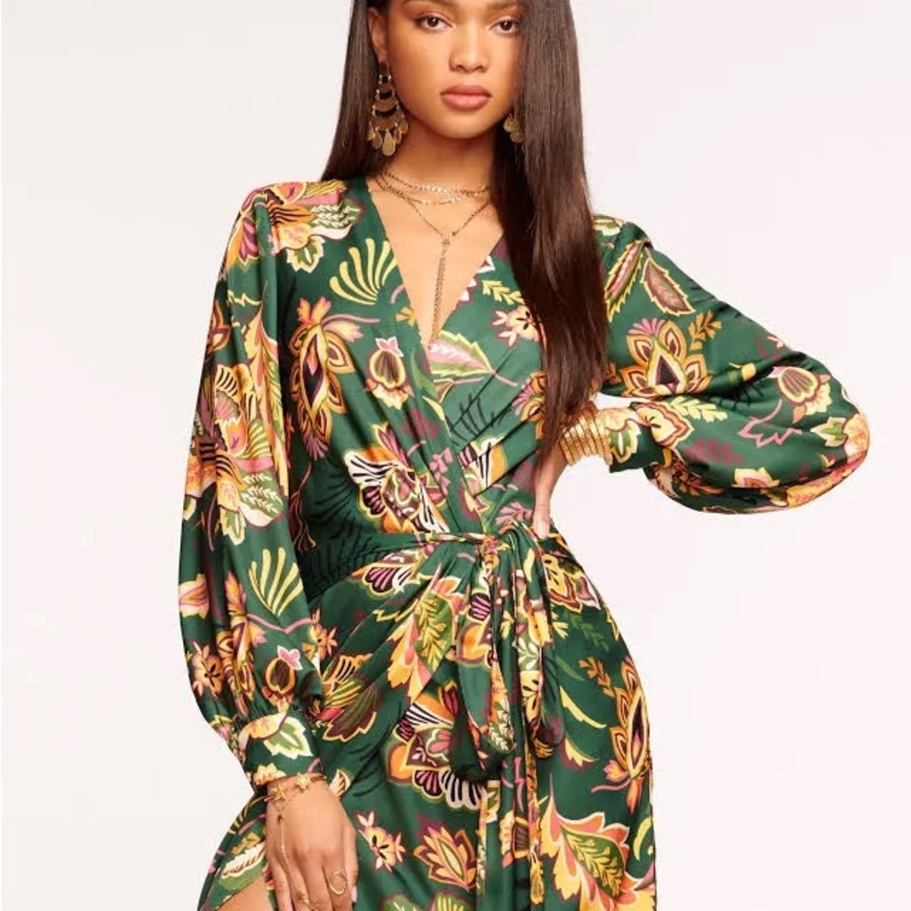 NWT Ramy Brook Green Floral Daisy Long Sleeve Dress $495 Size 0